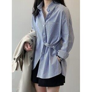 Women's Shirt Blouse Cotton Striped Blue Button Pocket Print Long Sleeve, Medium